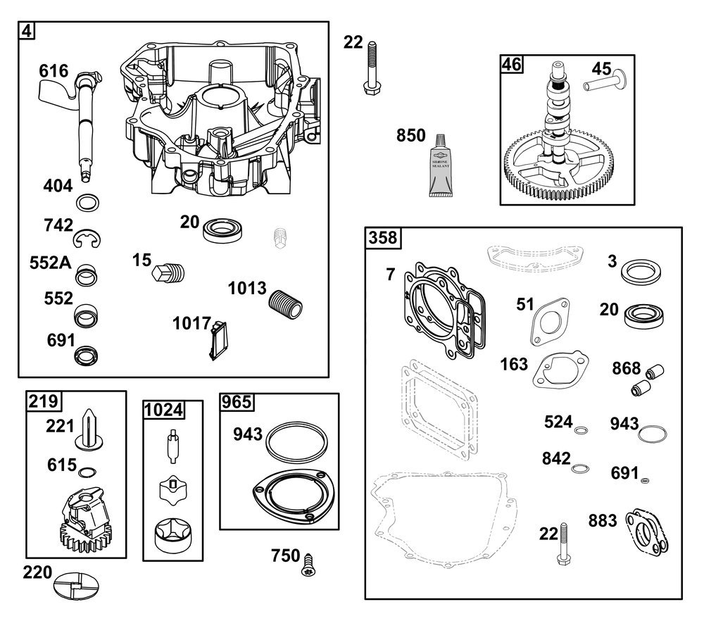 Crankcase Cover/Sump Group Diagram and Parts List for 44U877-0012-B5 400000 - 699999 Briggs and Stratton Engine